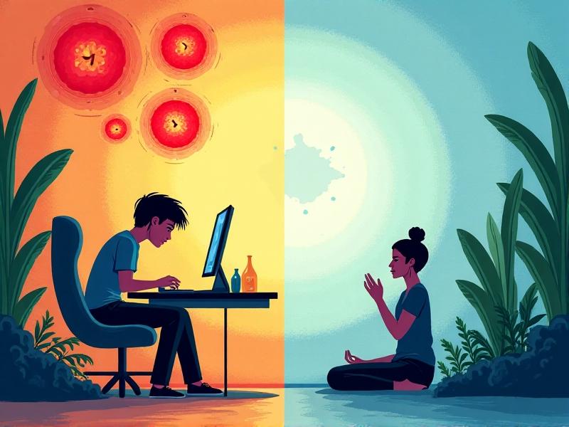 A split-screen infographic contrasting a dehydrated office worker with slumped posture and red stress symbols overhead versus a hydrated person meditating peacefully amidst green plants and blue water motifs.