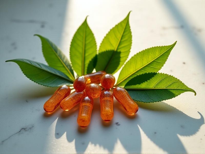 An organized collection of natural nootropic sources: green tea leaves, ginkgo biloba, ashwagandha roots, and capsules, arranged on a marble surface with soft shadowing for a clean, apothecary-style aesthetic.