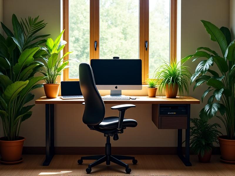 A well-organized desk setup with an ergonomic chair, external keyboard, and a footrest angled at 10 degrees. Plants and soft window light create a calming workspace, emphasizing holistic health.