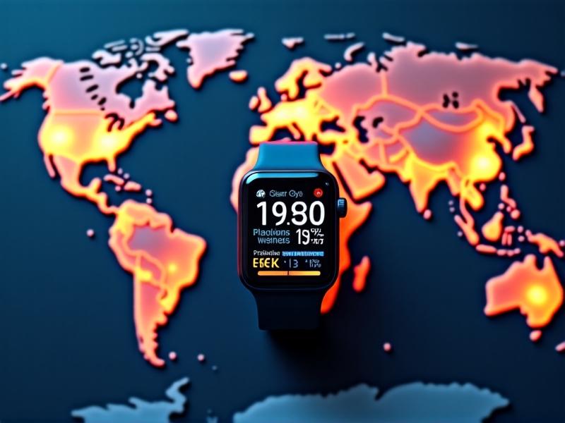 A digital collage showcasing features of a premium sun exposure calculator app: a smartwatch displaying UV alerts, a world map with hotspots indicating high-risk zones, a sunscreen SPF slider, and a progress bar tracking weekly vitamin D intake. Each element is connected by glowing lines, creating a tech-forward aesthetic. The color palette blends healthcare blue with urgency red, symbolizing the fusion of wellness and caution.