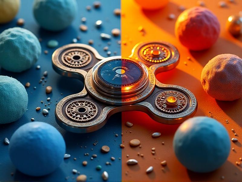 A split-image collage showing close-ups of materials: stainless steel fidget spinner gears, translucent silicone stress balls, crumpled therapy putty, and a frayed fabric stress ball, illuminated by warm studio lighting to showcase textures.