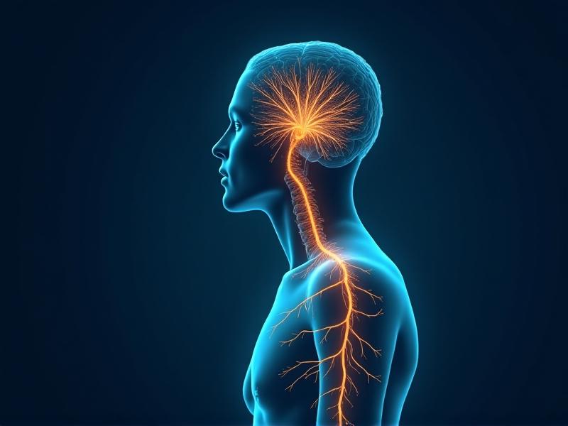 An anatomical illustration showing the vagus nerve pathway connecting brainstem to diaphragm, overlayed on a human silhouette. Scientific vector style with teal and gold accents against a deep blue background, emphasizing the mind-body connection in stress response.
