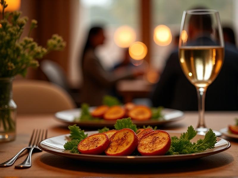 A elegantly set restaurant table with a plate of grilled vegetables and a glass of sparkling water in the foreground, while blurred figures converse in the background. Soft candlelight casts a warm glow, conveying a balance between sophistication and adherence to fasting goals. Style: shallow depth of field with muted tones and emphasis on texture.