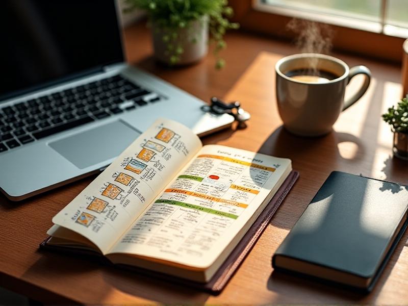 A desk with a handwritten journal open to a caffeine schedule, featuring color-coded time blocks, sketched coffee mugs, and notes like 'green tea @ 10 AM.' A laptop, planner, and steaming mug sit beside it, bathed in soft morning light from a nearby window.