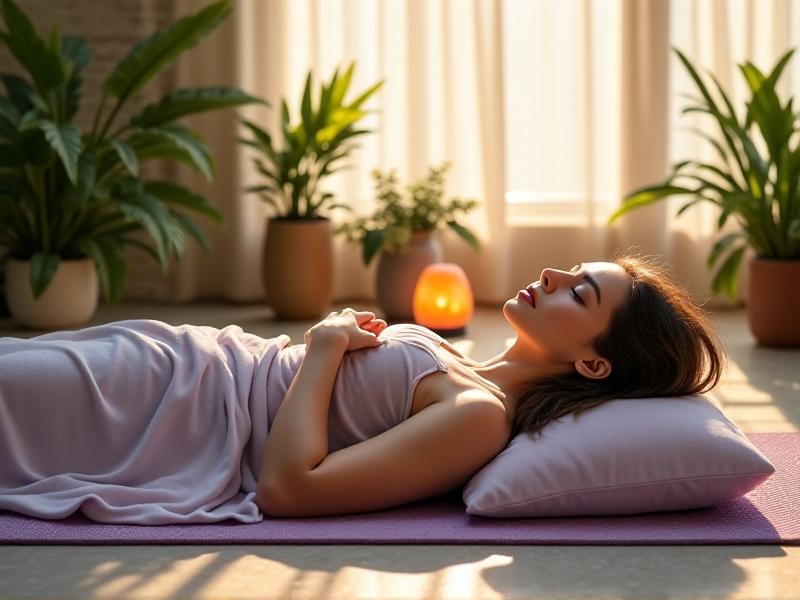 A person lying on a lavender yoga mat in a sunlit studio, covered with a lightweight white sheet. Plants and Himalayan salt lamps create a tranquil, wellness-focused environment, emphasizing recovery and mental clarity.