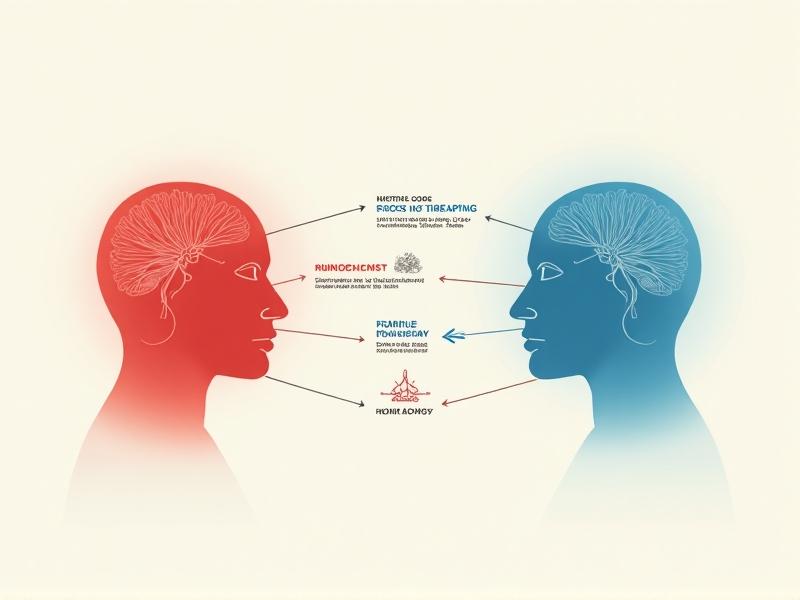 A flowchart infographic showing arrows moving from a stressed red brain to a calm blue brain, with icons representing breath, mindfulness, and energy renewal, minimalist design with bold colors and clean lines.