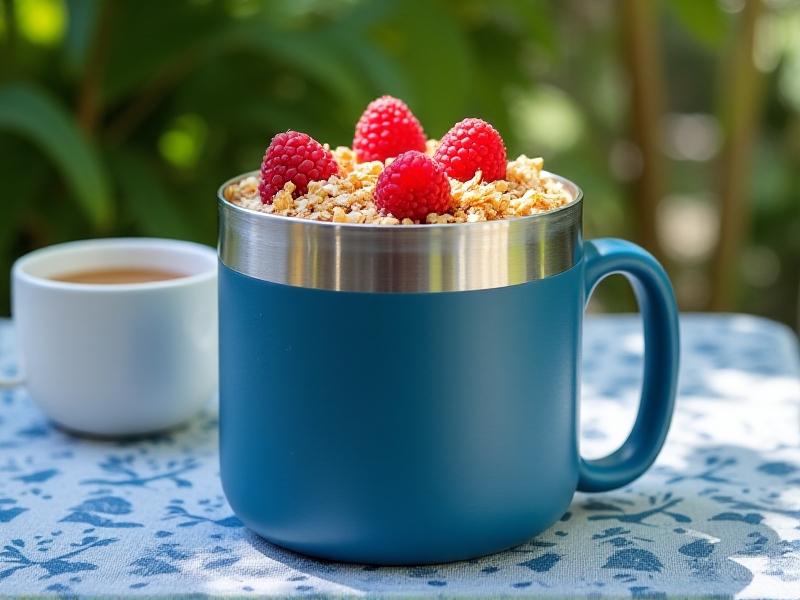 A wide-mouth thermal mug filled with layered overnight oats, almond milk, chia seeds, and fresh raspberries, topped with granola and coconut flakes, placed on a breezy patio table with a coffee cup in the background.