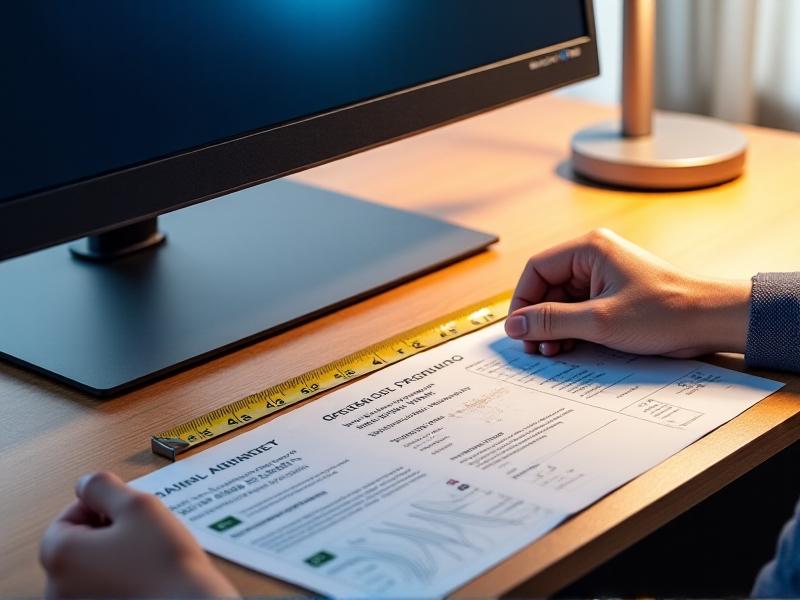 A hand adjusting a monitor on a hydraulic stand, with a tape measure showing a 24-inch distance from the screen to the edge of a walnut desk. Tools like a blue light filter, adjustable desk lamp, and a printed eye-level guide sit nearby, illustrating a systematic approach to workspace setup.