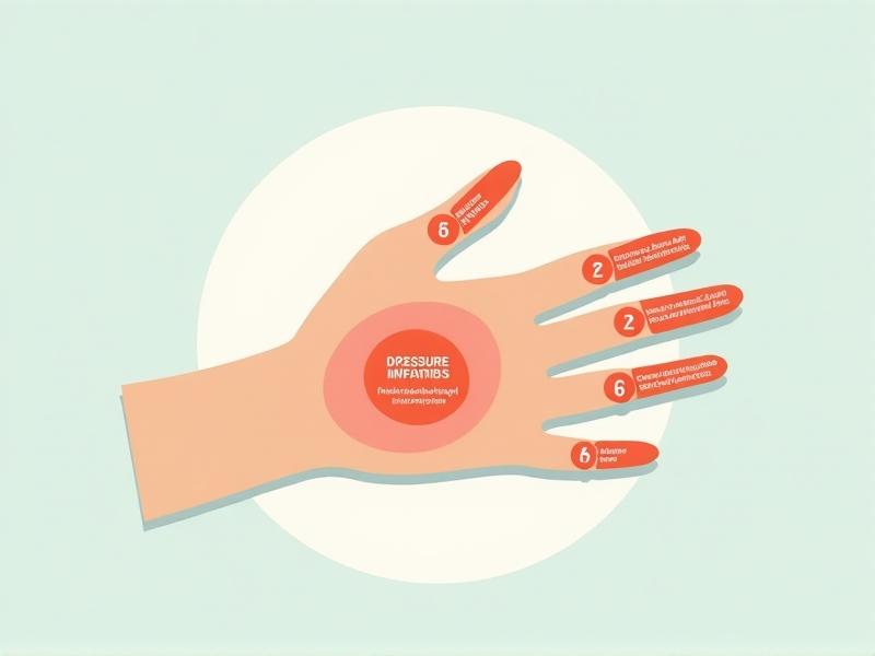 A minimalist infographic of a hand with numbered circles marking pressure points: the webbing between thumb and index finger, the center of the palm, the inner wrist crease, and the base of each finger. Each point is labeled with a brief description of its associated discomfort. The design uses flat vector art in calming teal and coral tones.