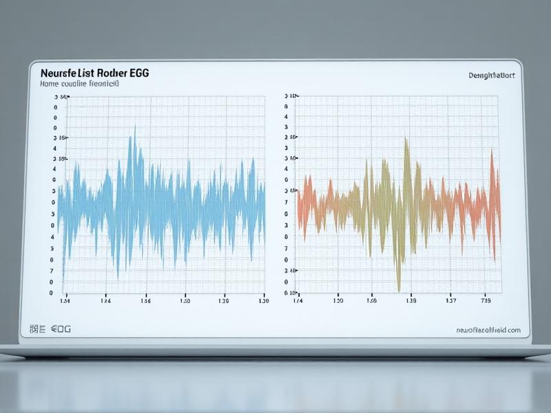 A digital dashboard displaying real-time EEG brainwave graphs (alpha, beta, theta) from a neurofeedback headset, with a split view comparing clean signals from a high-end device vs. noisy data from a budget model.