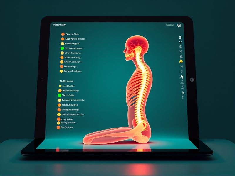A digital dashboard on a tablet showing real-time posture metrics: a 3D avatar mirroring the user's sitting position, green and red zones highlighting alignment issues. The interface uses gradients of teal and amber, with clean typography and progress bars indicating daily improvement goals.