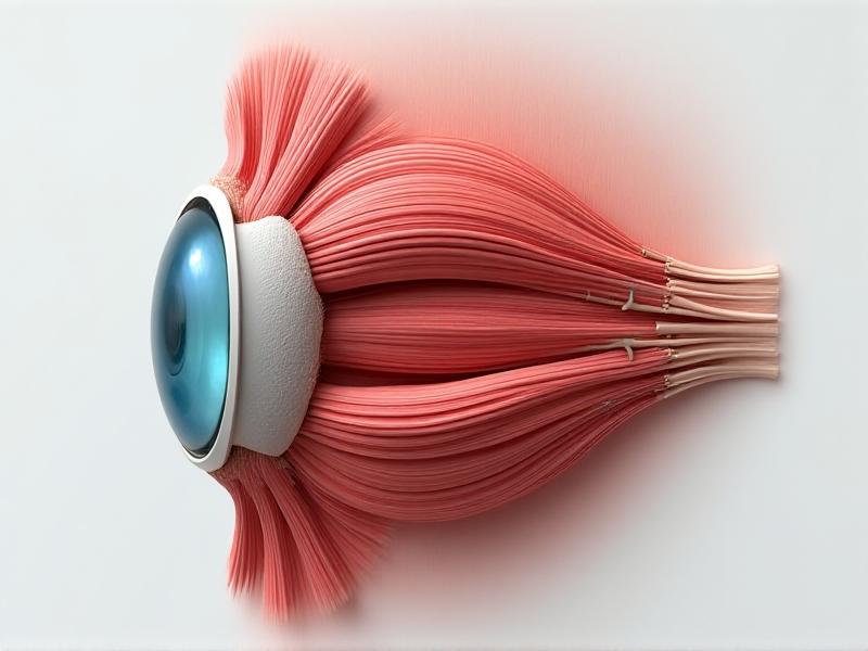 A detailed anatomical illustration of the human eye and surrounding muscles, highlighting the superior rectus, inferior rectus, and lateral oblique muscles. Arrows indicate muscle tension caused by an improperly angled computer screen, with a split-view comparison showing optimal versus strained alignment.