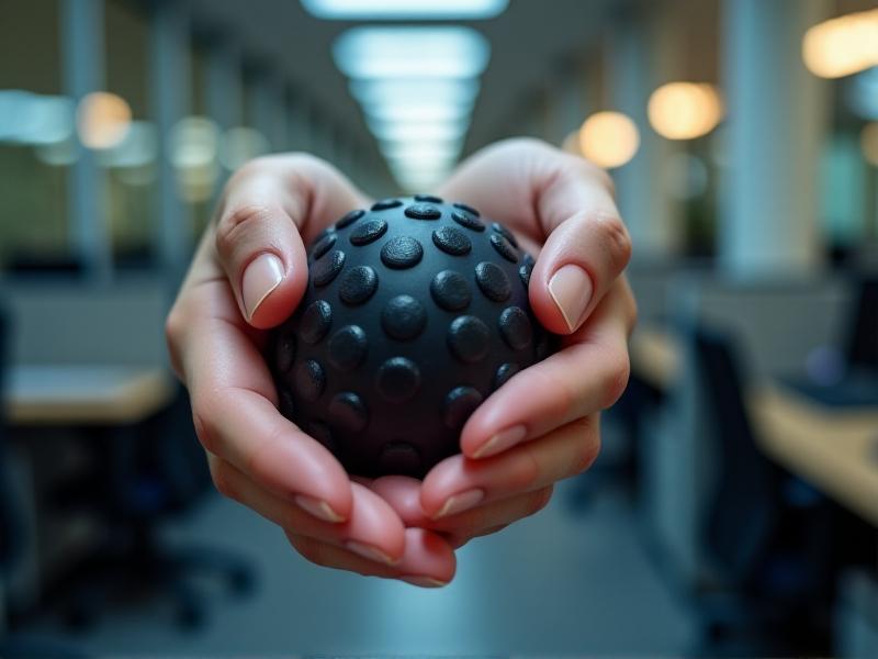 A close-up of a person’s hands manipulating a textured stress ball and a sleek black fidget cube against a blurred background of a busy office, highlighting the contrast between stress and calm.