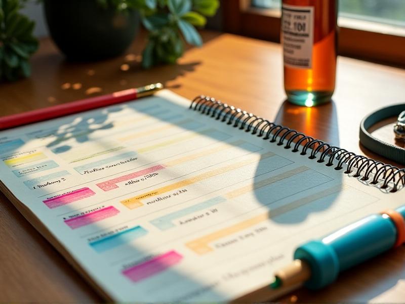 A calendar spread on a wooden desk, with colorful markers highlighting weekly goals. Fitness accessories like a resistance band and water bottle frame the image, creating a ‘planning’ vibe. Warm, inviting lighting suggests a home office environment.