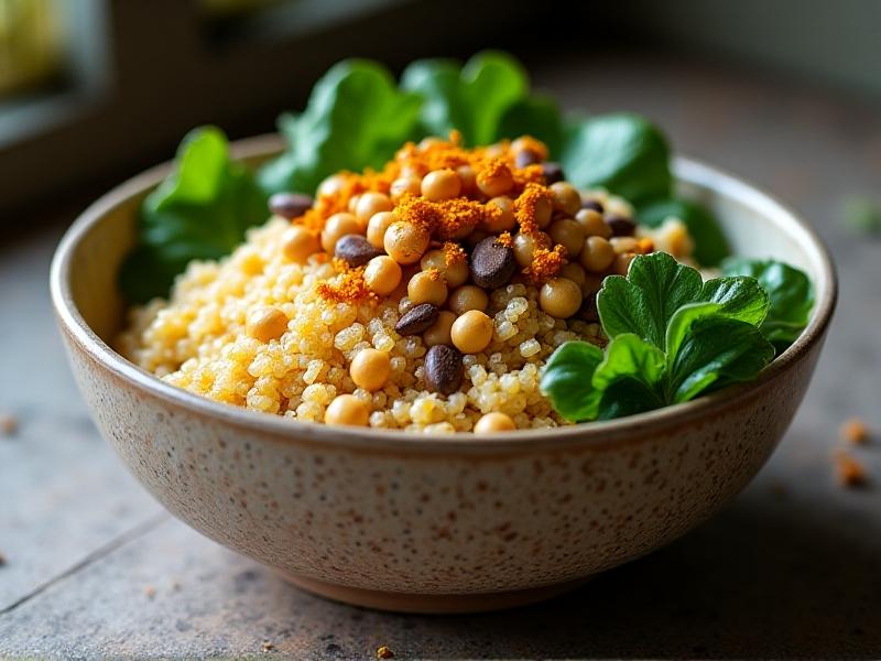 A rustic bowl with quinoa (carbs), roasted chickpeas (protein), and pumpkin seeds (fats). Fresh spinach and turmeric sprinkle add color, styled with earthy tones and soft shadows.