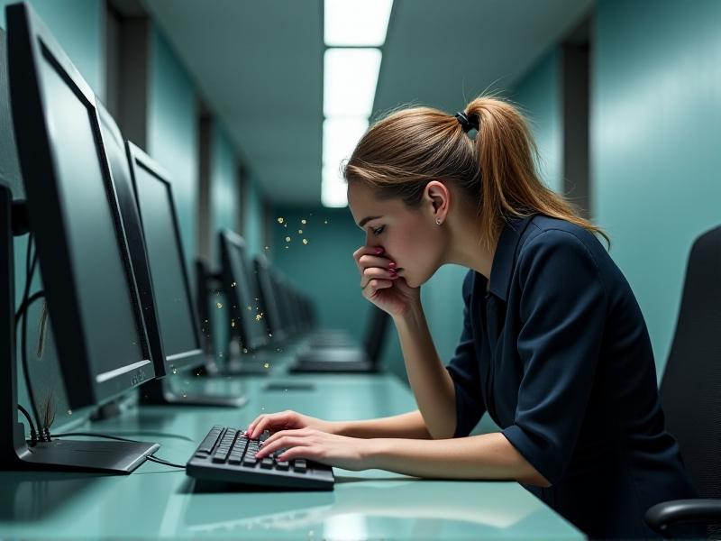 A person sneezing near a computer keyboard with visible saliva droplets suspended mid-air, illuminated by harsh overhead lighting to emphasize germ transmission on the keyboard's grimy, crumb-filled keys.