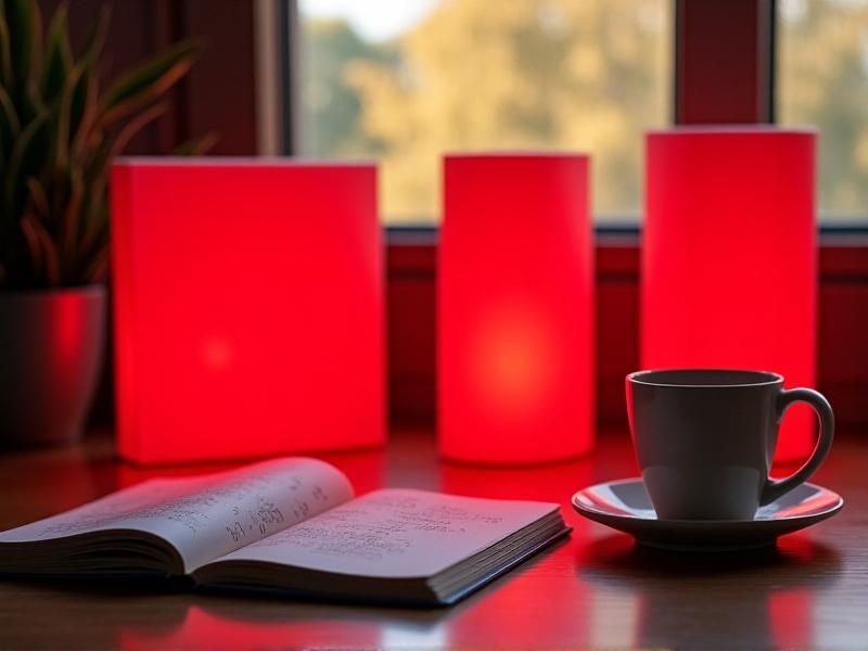 A modern desktop with three sleek red light therapy panels of varying sizes, displayed alongside a notebook and coffee mug on a wooden desk, natural daylight streaming through a window, highlighting device textures and minimalist design.