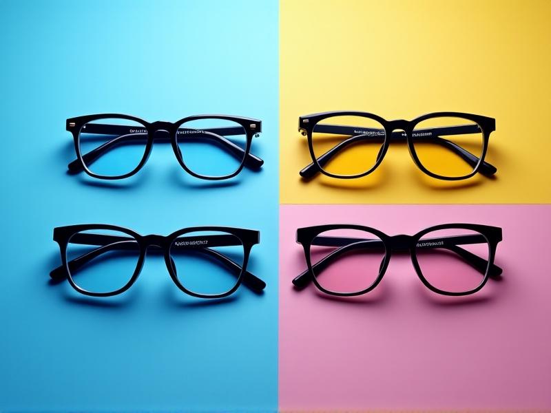 A neatly arranged grid of four blue-blocking glasses with varying styles: clear lenses in black frames, yellow-tinted aviators, pink retro cat-eyes, and sporty wraparounds. Each pair is labeled with filtering percentages and use cases. The background is a gradient from cool to warm tones, symbolizing round-the-clock protection.