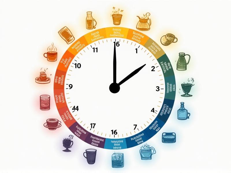 A vibrant infographic showing a 24-hour clock with icons representing coffee cups, tea mugs, and water bottles placed at specific intervals. Warm golden hues dominate morning hours, transitioning to cooler blues in the afternoon, with minimalist design elements and clean typography highlighting 'peak focus' windows.