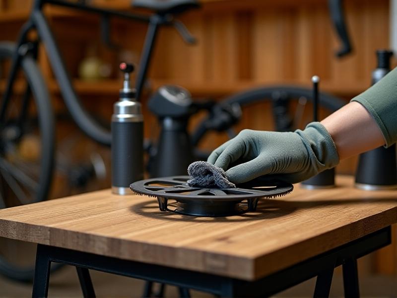 A maintenance kit for under-desk cycles: neoprene wipes, mini air compressor, silicone spray can, and hex keys arranged on a bamboo tray. A hand in gray gloves demonstrates cleaning the bike’s flywheel. Earthy tones dominate, with soft natural lighting creating a practical, workshop-like atmosphere.