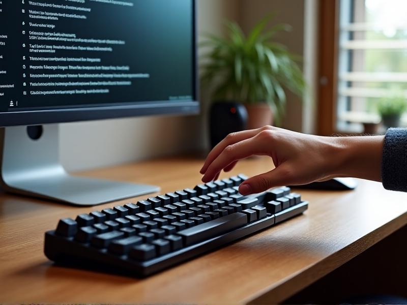 A wooden desk with a black mechanical keyboard on a adjustable tilt stand, angled at -7 degrees. A hand hovers above the keys, demonstrating neutral alignment, with a monitor showing ergonomic software recommendations in the background.