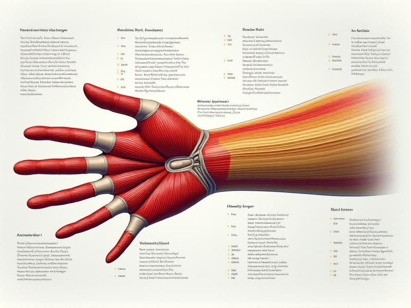 An anatomical cross-section view of a forearm and wrist holding a mouse, with color-coded muscle activation: red streaks indicating high tension in the flexor muscles, transitioning to yellow and green in lower-stress areas. The background resembles a medical textbook diagram with precise labels.
