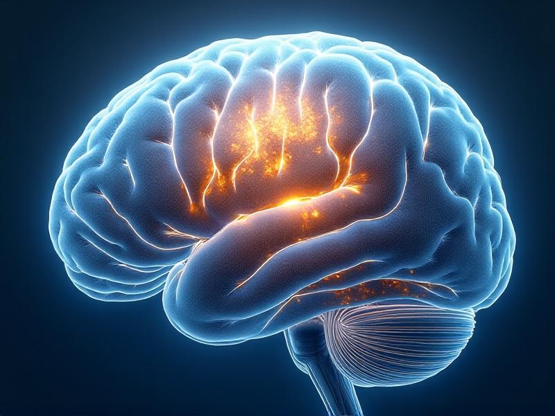 A detailed cross-section of the human brain highlighting the hypothalamus in golden tones, surrounded by swirling blue and white waves representing neural activity and hydration's role in biochemical balance.