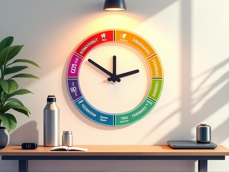 An infographic-style image showing a clock face with color-coded segments representing different micro-workout types, overlayed on a standing desk with a water bottle and fitness tracker, in a bright minimalist office setting.