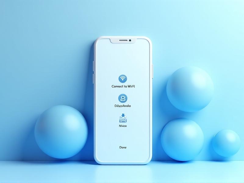 A clean, minimalist smartphone screen displaying a voice setup interface with three clear steps: 'Connect to Wi-Fi,' 'Say Hello,' and 'Done.' The background is soft blue with abstract geometric shapes, conveying clarity and efficiency through a flat design style.