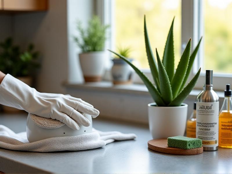 A person wiping a diffuser’s interior with a cotton cloth and vinegar solution, gloves resting nearby. The background shows a clean, clutter-free kitchen counter with natural cleaning supplies and a pot of aloe vera plant.