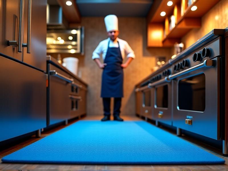 A vibrant kitchen setting with a chef standing on a bright blue foam anti-fatigue mat. The mat’s porous surface shows visible indentations from prolonged use, while overhead LED lighting reflects its lightweight, spongy texture. Stainless steel appliances and tile flooring contrast the mat’s cushioned appearance.