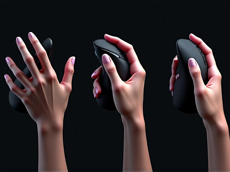 A split-screen image comparing three hand grips on different mouse designs: palm grip on a curved ergonomic mouse, claw grip on a gaming mouse with textured sides, and fingertip grip on a compact vertical mouse. Each hand is shown in high contrast lighting, emphasizing muscle tension and contact points.