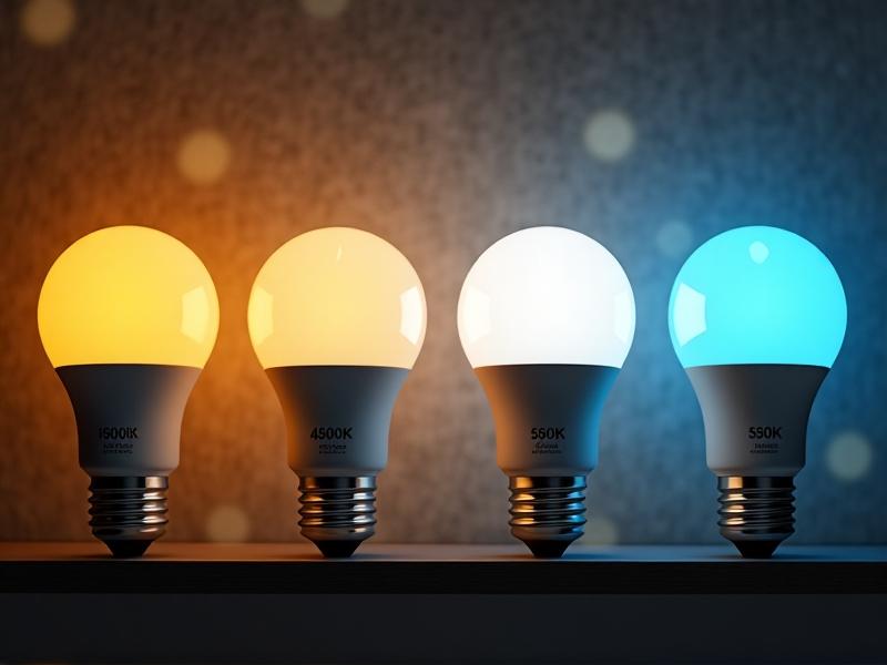 A side-by-side comparison of four LED bulbs on a shelf: 2700K (amber glow), 4000K (neutral white), 5000K (daylight), and 6500K (cool blue). Packaging labels highlight Kelvin, lumens, and CRI. Soft bokeh blurs the background, focusing on technical details.