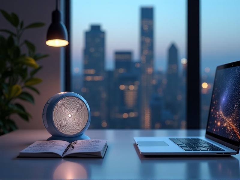 A modern home office with a laptop, notebook, and white noise machine on a desk. The machine emits sharp, silver-blue sound waves symbolizing high frequencies, contrasted against a blurred cityscape window, symbolizing blocked distractions.