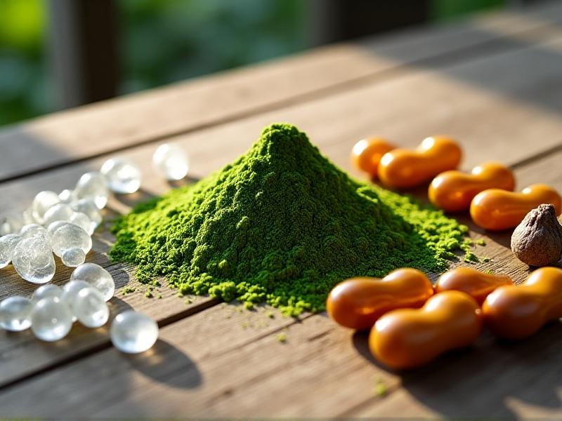 Close-up of a wooden table scattered with nootropic substances: green matcha powder, white crystalline L-Theanine, amber Alpha-GPC capsules, and dried Rhodiola root. Morning light casts long shadows, emphasizing texture and natural origins.
