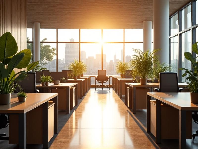 A brightly lit open-plan office with rows of desks featuring antimicrobial surfaces. The minimalist design includes wooden finishes, ergonomic chairs, and potted plants, with sunlight streaming through large windows, creating a clean and inviting professional atmosphere.