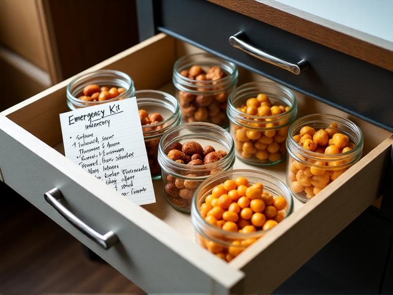 A neatly organized desk drawer with labeled glass jars containing trail mix, turmeric ginger chews, and roasted chickpeas. A handwritten index card titled 'Emergency Kit Inventory' lists items in bold ink, showcasing attention to detail and aesthetic appeal.