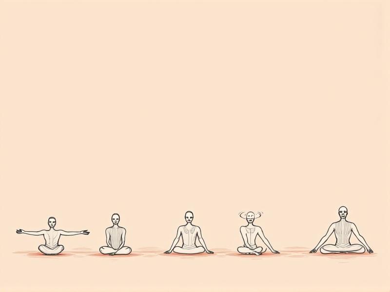 An illustrated guide showing six different eye yoga exercises: palming, eye rolling, near-far focus, figure-eight movement, blinking drills, and zooming. Each step is depicted with minimalist line art against a soft peach background.